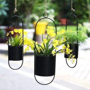 Modern Hanging Planters – Set of 3 Oval Frame Black Metal Baskets